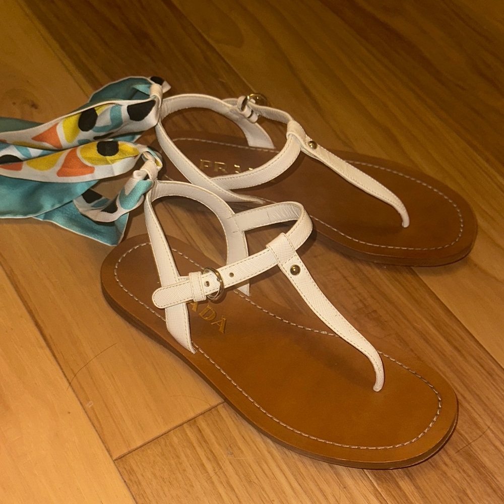 Prada Saffiano Silk Tie Slingback Flat Thong Sandals